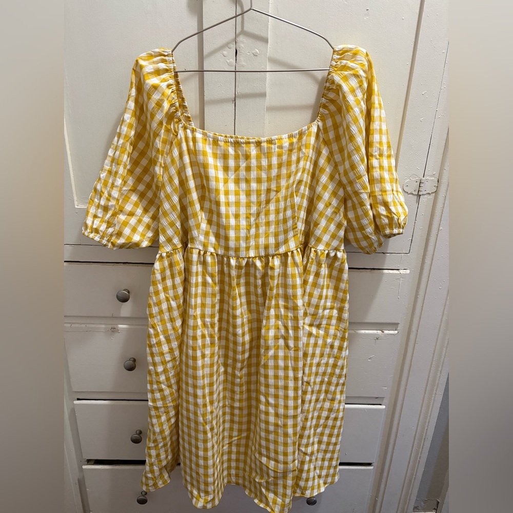 NWOT SHEIN Curve 2XL Yellow/White Gingham Babydoll Puff Sleeve Dress